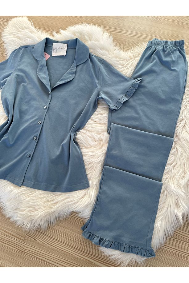 Mavi Pamuklu Kol ve Paça Fırfır Detaylı Kısa Kol Önden Düğmeli Pijama Takımı - 7