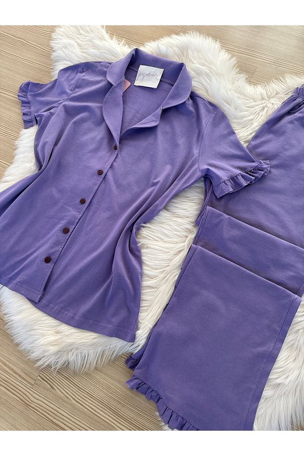 Mor Pamuklu Kol ve Paça Fırfır Detaylı Kısa Kol Önden Düğmeli Pijama Takımı - 5