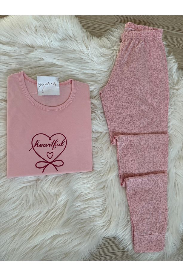 Pembe Mini Kalp Desenli Pamuklu Kısa Kol Örme Pijama Takımı - 3