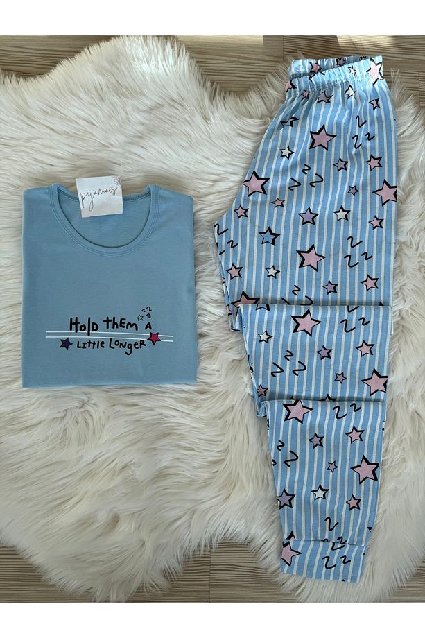 Mavi Yıldız Desenli Pamuklu Uzun Kol Örme Pijama Takımı - 1