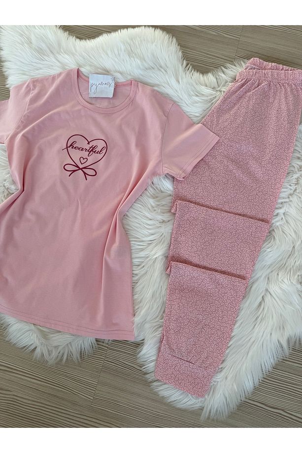 Pembe Mini Kalp Desenli Pamuklu Kısa Kol Örme Pijama Takımı - 7