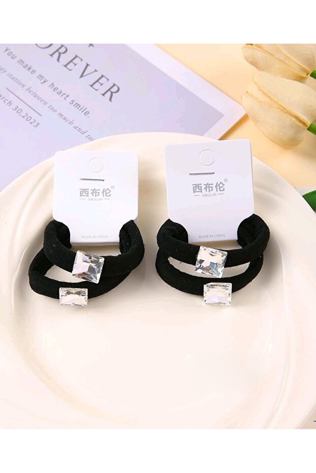 Square Crystal Cut Zircon Stone Detailed Plain Thick Black Color Double Towel Rubber Buckle
