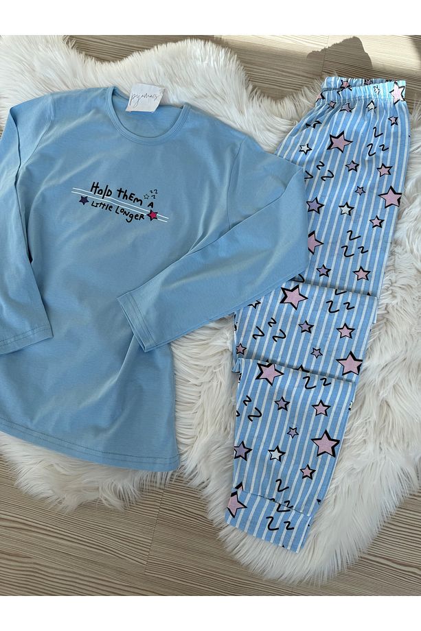 Mavi Yıldız Desenli Pamuklu Uzun Kol Örme Pijama Takımı - 7