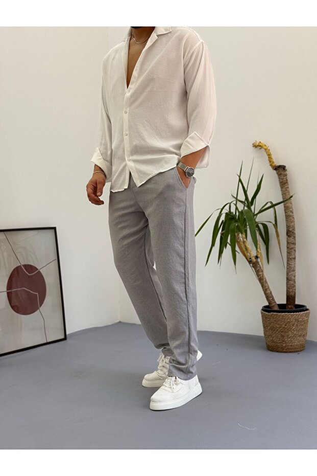 Men's Gray White Linen Bottom Top Set