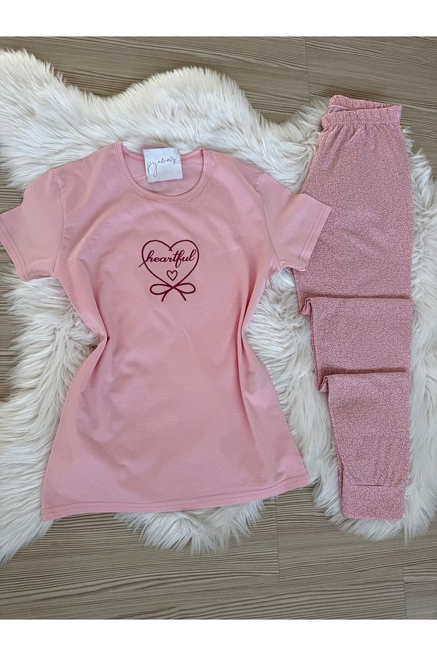 Pembe Mini Kalp Desenli Pamuklu Kısa Kol Örme Pijama Takımı - 6