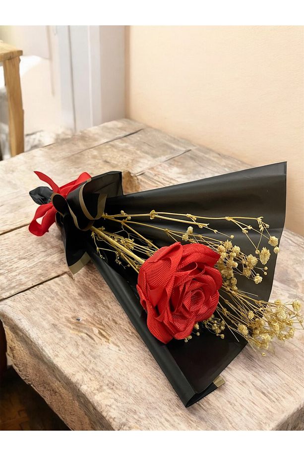 Tekli gül 1 adet-El emeği kurdeleden gül-Tekli gül demet-Kırmızı gül-İsteme çiçeği-Yapay gül - 3