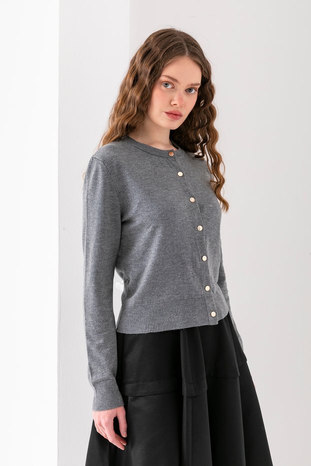 Button Detail Long Sleeve Cardigan, Stylish Comfortable Transitional Cardigan, Biscuit Neck Cardigan, Cardigan, Cotton Cardigan