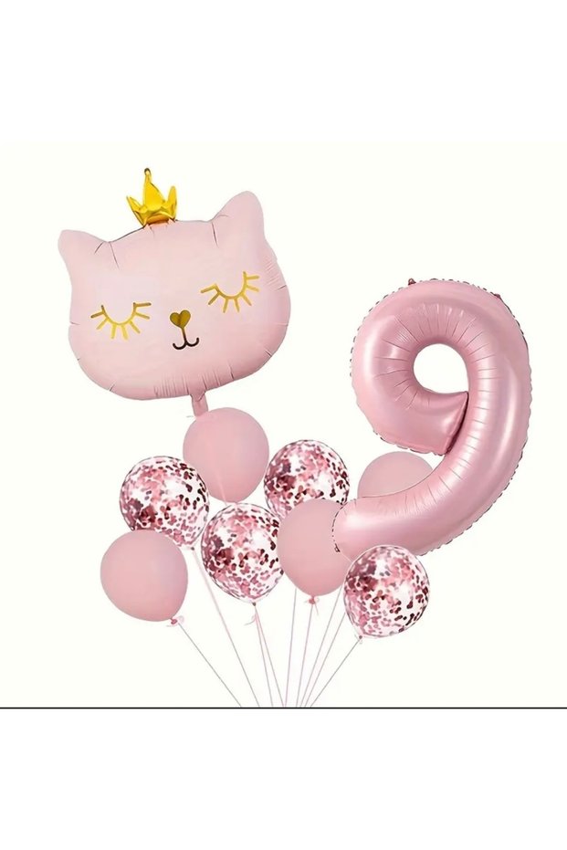 Party Pink Crowned Cat Number Foil Balloon Birthday Set Birthday Concept