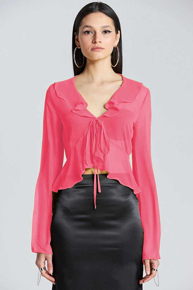 2445 Front Lace-Up Ruffled Fuchsia Sheer Chiffon Tulle Blouse