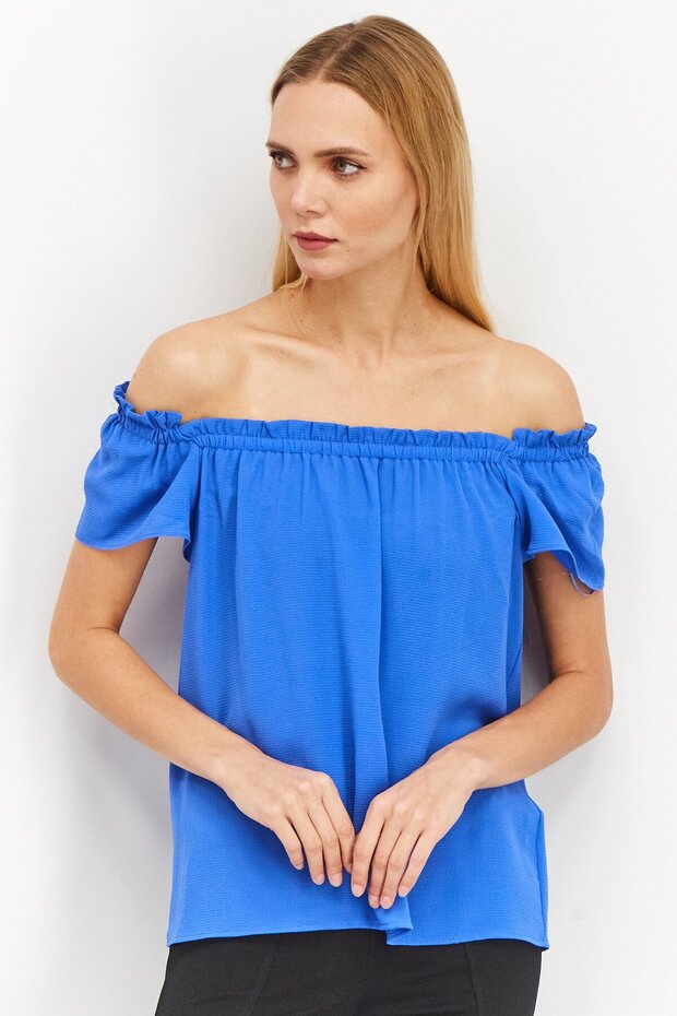 Women Off Shoulder Neckline Short Sleeves Plain Tops, Blue