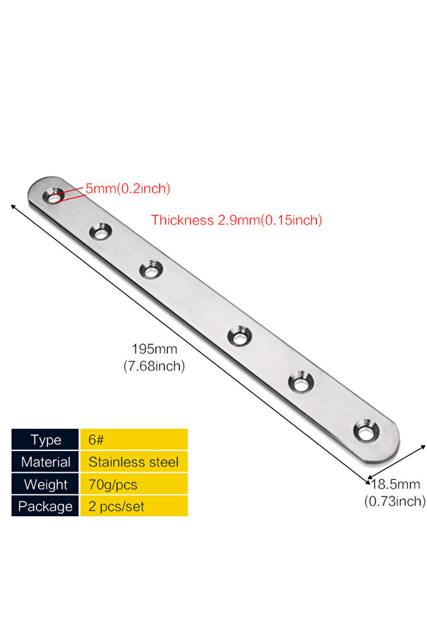 2pcs 195X18.5mm Flat Straight Brace Brackets 1.5-7.3 Inch Stainless Steel Mending Joining Plates Rep
