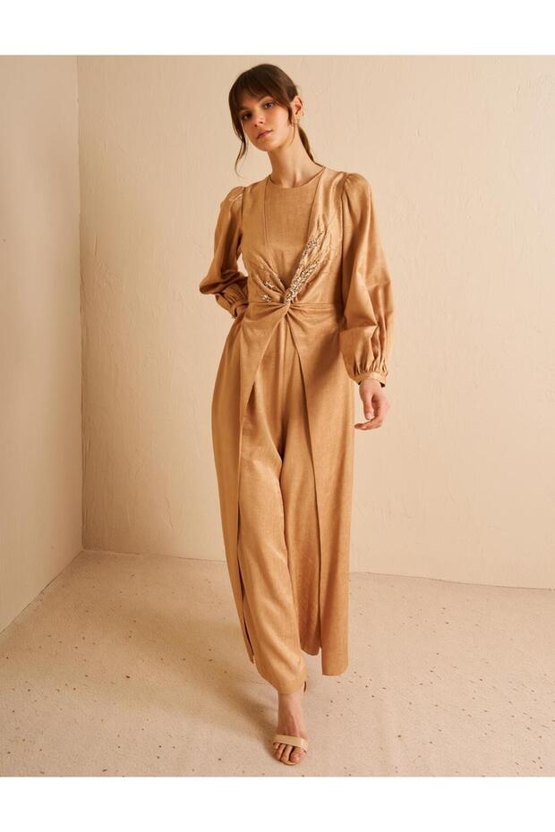Stone Embellished Satin Evening Dress Jumpsuit Beige