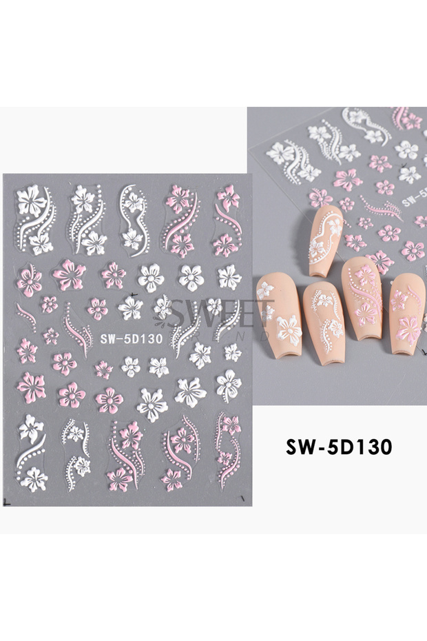 SW-5D130 5D Hibiscus Flower Nail Embossed Sticker Acrylic White Pink Petal Leaf Adhesive Decal Butte