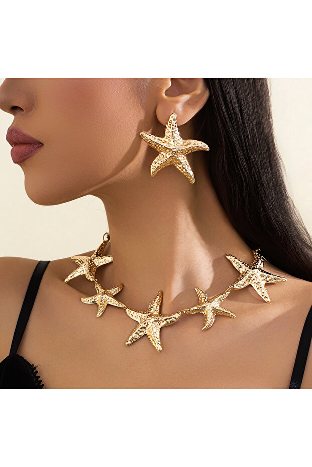 Gold Set Salircon 2026 Exquisite Boho Vintage Large Metal Starfish Choker Necklace Drop Earring Wome