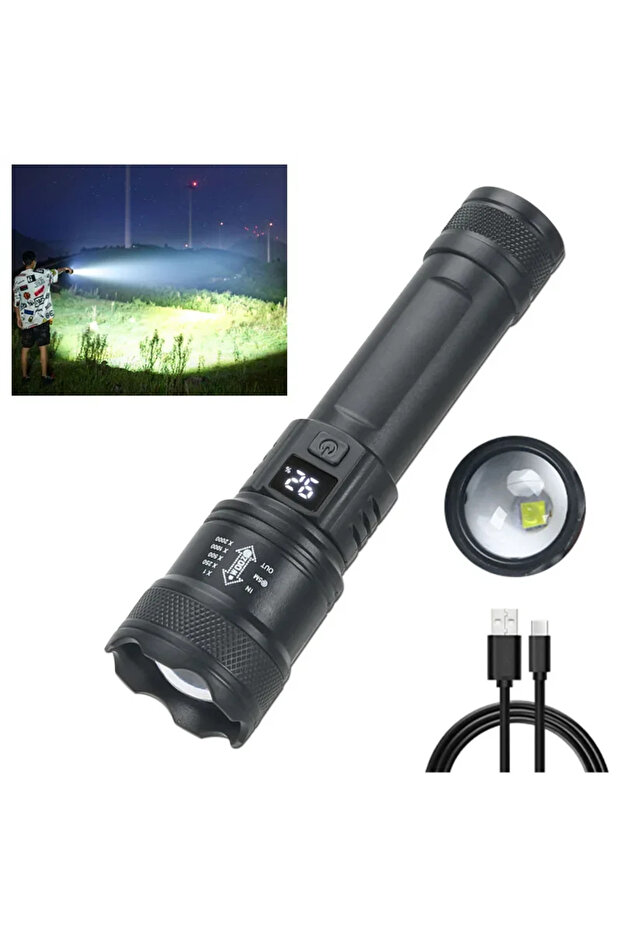 black ZOOM 1PC Built in battery High Strong Power Led Flashlights 2000LM Tactical Torch with Display - 1