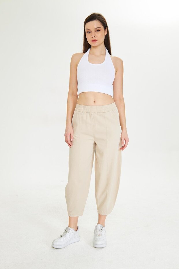 Beige Shalwar Trousers with Elastic Waist and Pockets