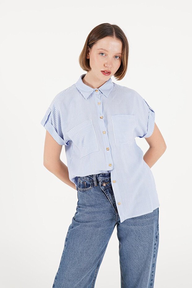 Short-Sleeved Striped Baby Blue Shirt