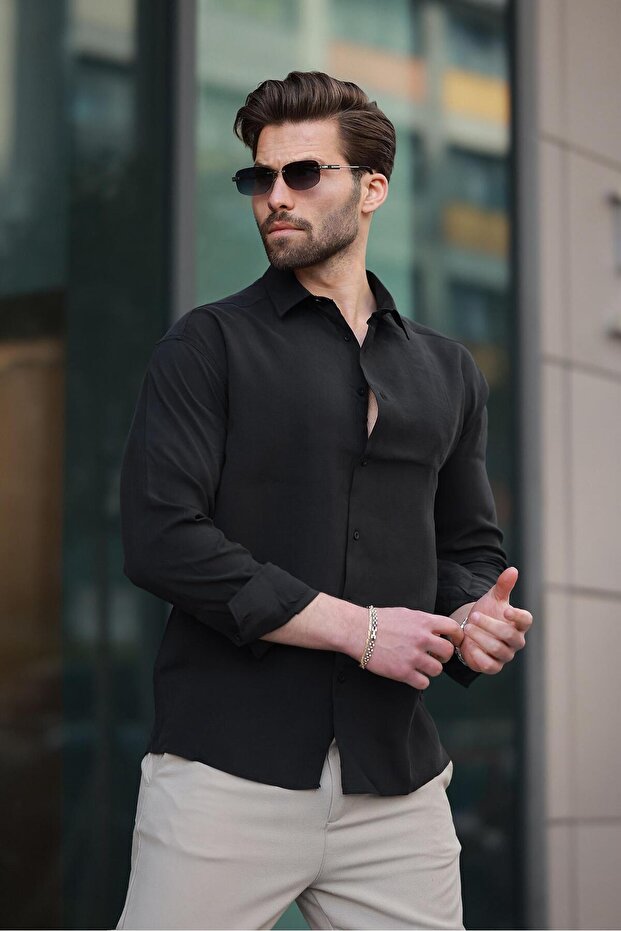 Siyah Basic Uzun Kollu Erkek Gömlek E6762 - 3