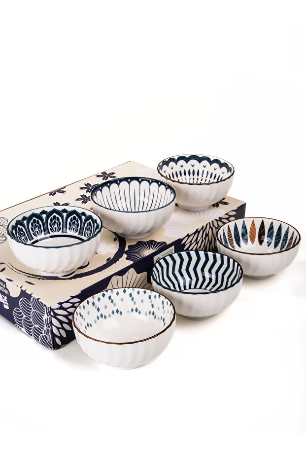 Set of 6 Patterned Porcelain Bowls 320 ml, Soup Bowl, Breakfast Bowl, Snack Bowl, Gift Boxed