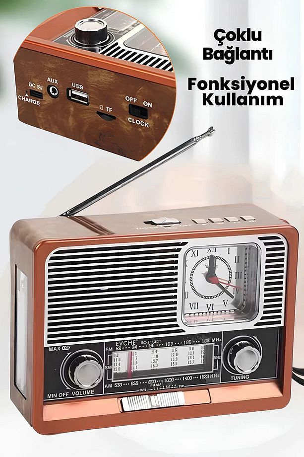Taşınabilir Retro Radyo Bluetooth Bağlantılı, Saatli ve Fenerli - 3