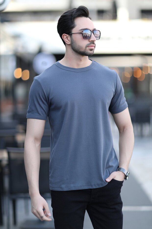 Men's Crew Neck Ribbed Cotton T-Shirt