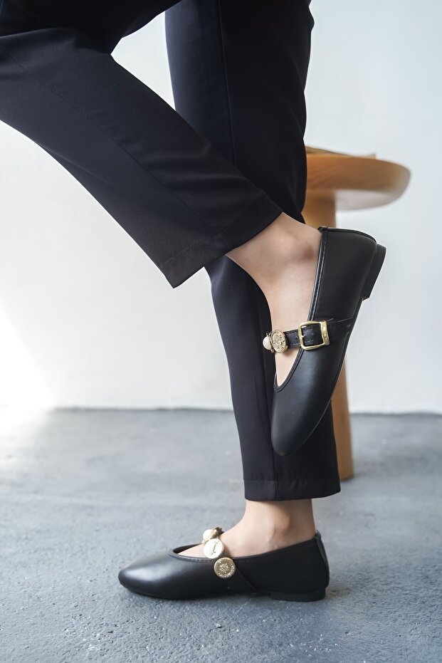 Kadın Venily Pullu Düz Babet - siyah-deri - 4