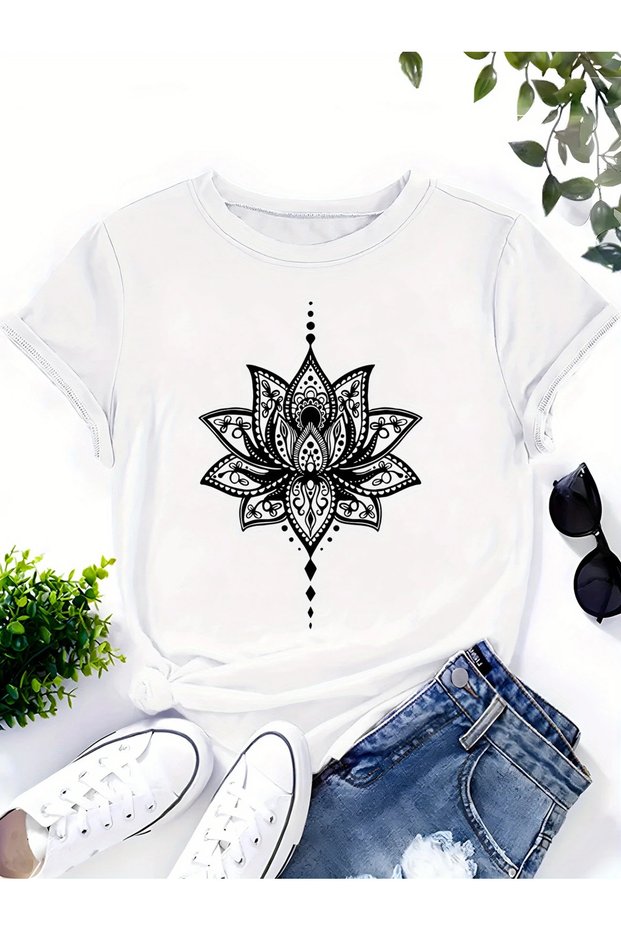 Lotus Printed Women's Casual Summer T-Shirt - Short Sleeve, Round Neck,