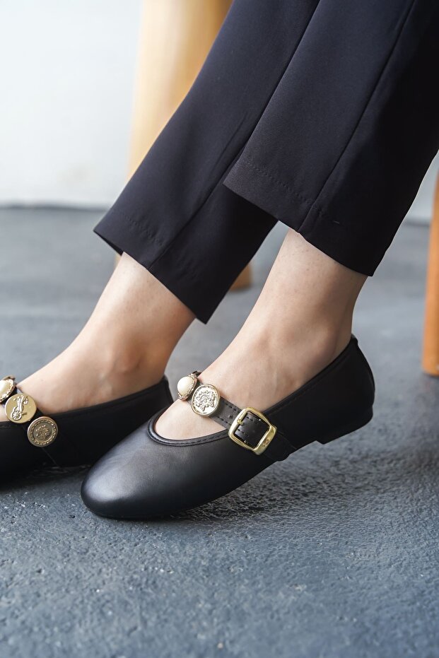 Kadın Venily Pullu Düz Babet - siyah-deri - 2