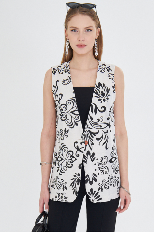 Kadın Siyah V Yaka Tek Düğme Oversize Desenli Yelek ARM-25Y001032 - 3