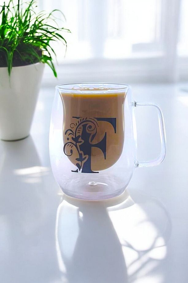 Çift Cidarlı Borosilikat 350ML Harfli Cam Kupa Bardak KW-384 - 2