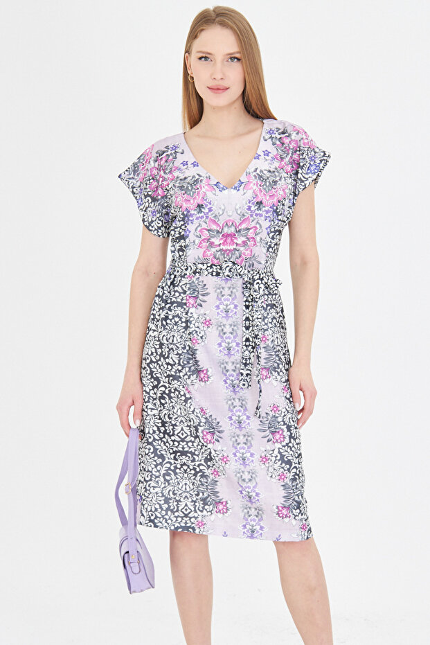 Women's Lilac Front Back V-Neck Belted Patterned Dress Arm-25Y 001018