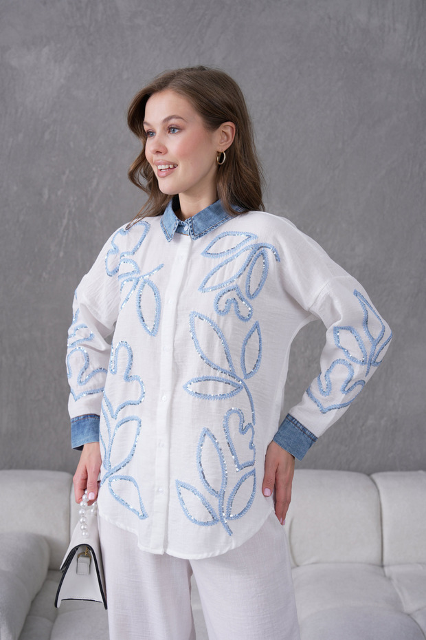 Women's Embroidered Denim Decorated Linen Shirt Double Set