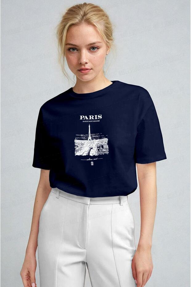 Women's Navy Blue Paris Regular Fit Regular Fit T-Shirt