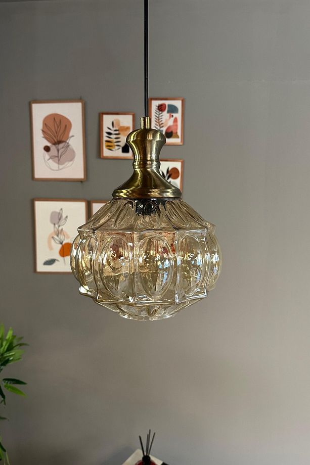 Şila Cam Bal Rengi Tekli Avize Eskitme Tokmak Başlık Retro Sarkıt Lamba Salon Aydınlatma - 4