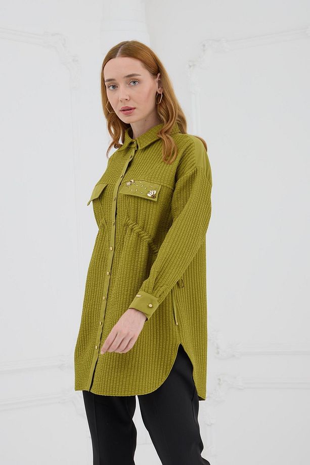 Büzgü Detaylı Kapitone Gömlek - Olive - 8