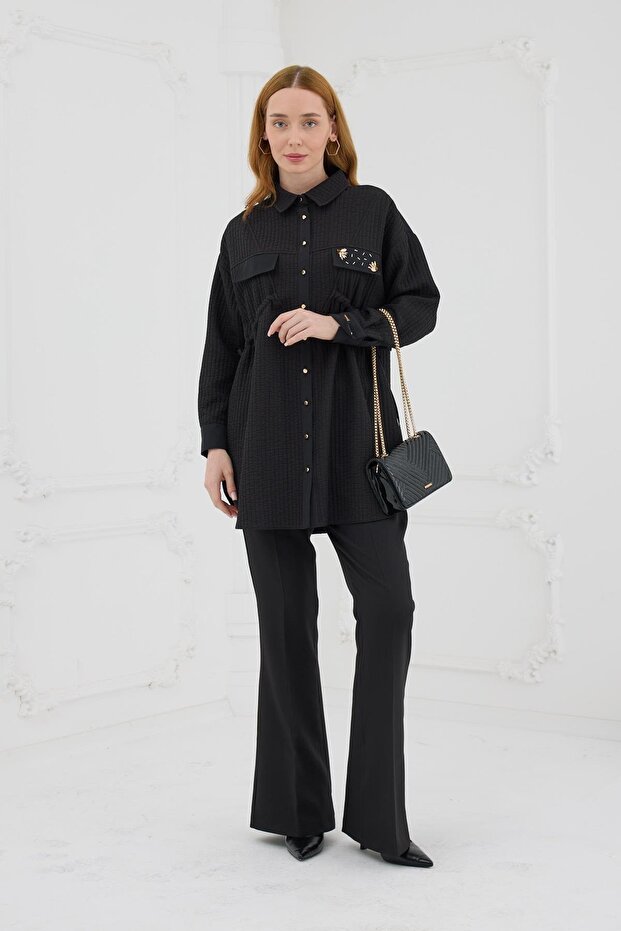 Büzgü Detaylı Kapitone Gömlek - Siyah - 1