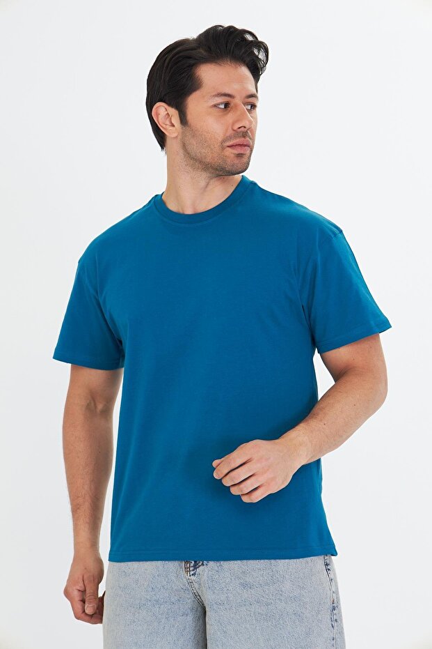 Men's Cotton Crew Neck Oversize T-Shirt Blue 5015-m