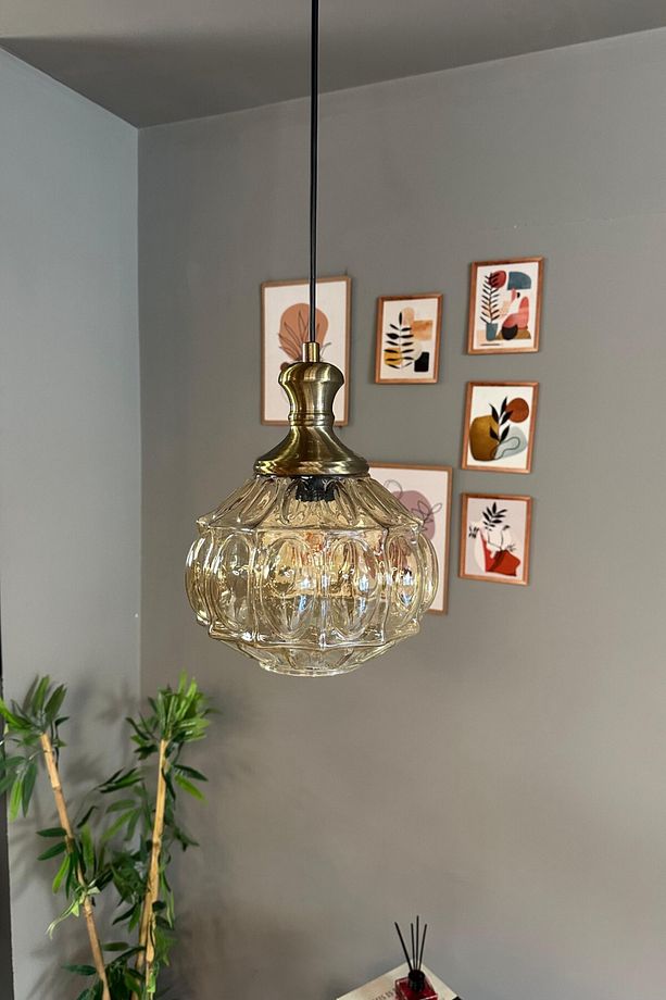 Şila Cam Bal Rengi Tekli Avize Eskitme Tokmak Başlık Retro Sarkıt Lamba Salon Aydınlatma - 2