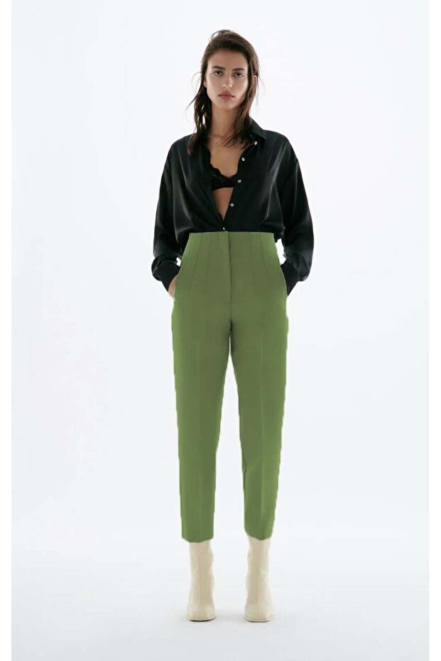 Khaki Front Piping High Waist Women's Trousers Mg2425