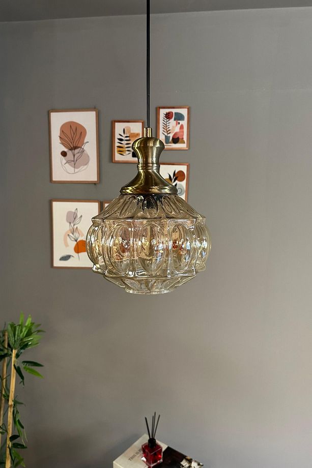Şila Cam Bal Rengi Tekli Avize Eskitme Tokmak Başlık Retro Sarkıt Lamba Salon Aydınlatma - 6