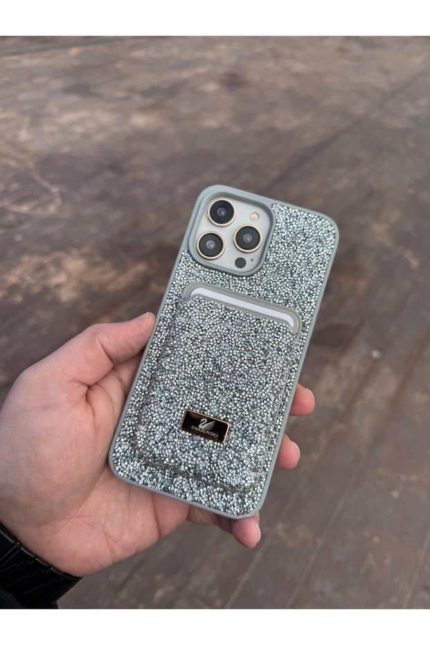 iPhone 15 Pro Max Silver Swrvsky Stone Phone Case and Magsafe Credit Card Holder Wallet Set