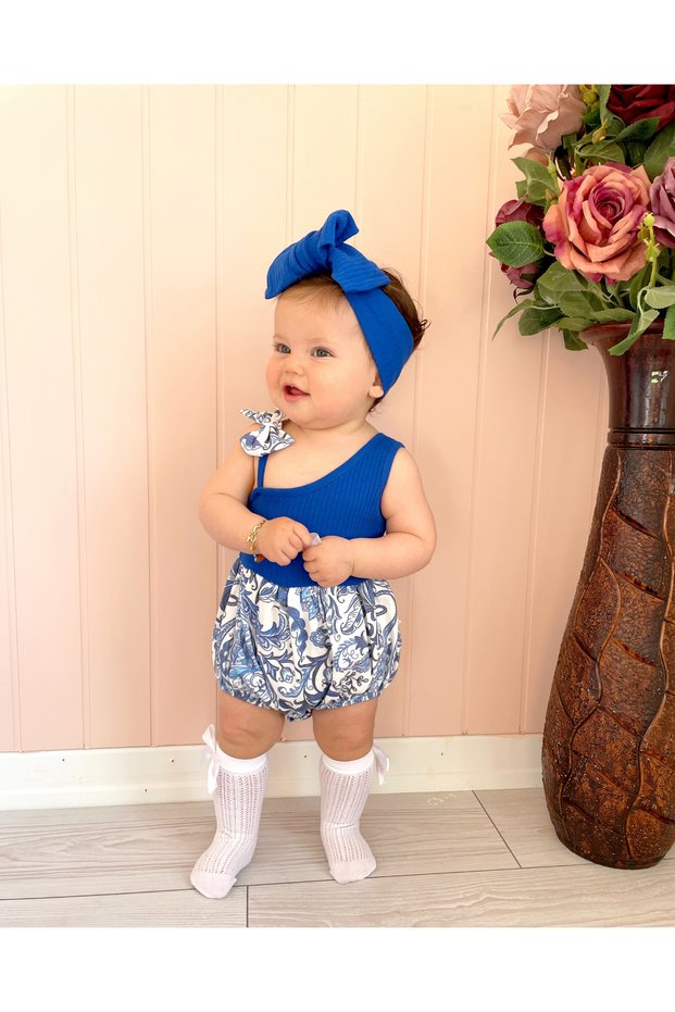 Shawl Print One Shoulder Camisole 100% Cotton Baby Girl Romper and XL Bandana Set