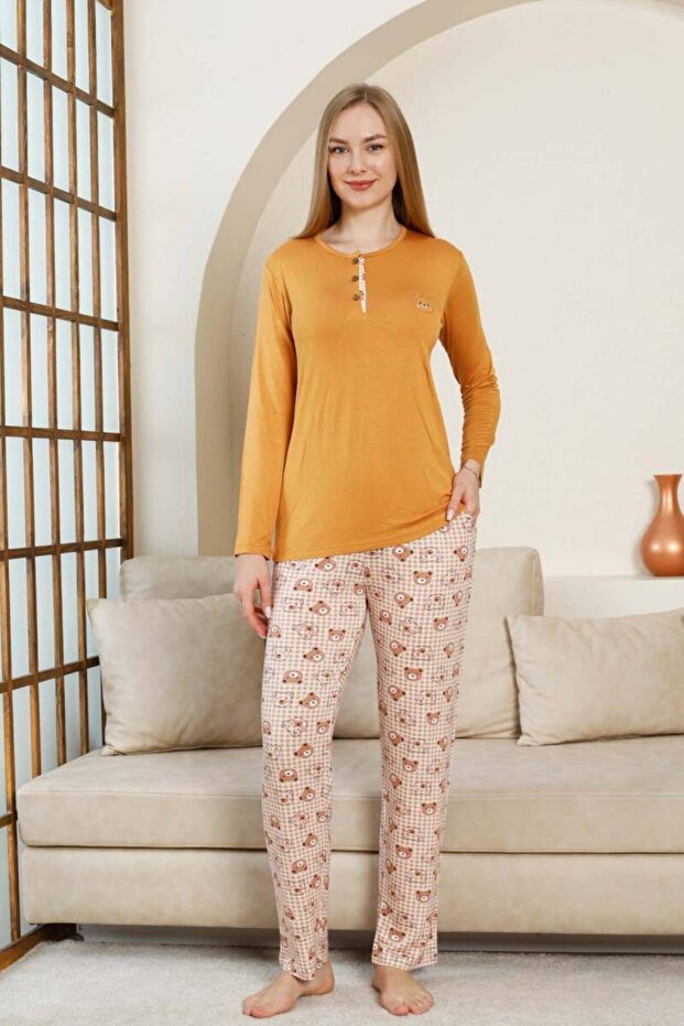 Teddy Bear Patterned Women's Pajamas Set - Light Brown Color Lycra Viscose Long Sleeve 2849Uy