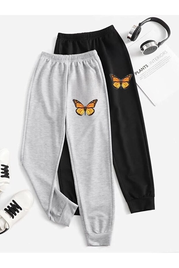 2-Piece Girls' Orange Butterfly Printed Sweatpants - Black & Gray