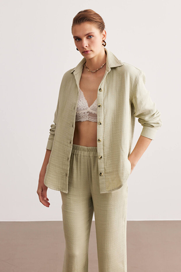 Yeşil 4 Kat Müslin Basic Gömlek - 4