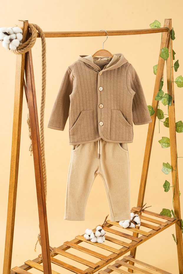 Baby Kids Brown Hooded Collar Cotton Comfortable 2-Piece Set Trend Fashion Bottom Top Set