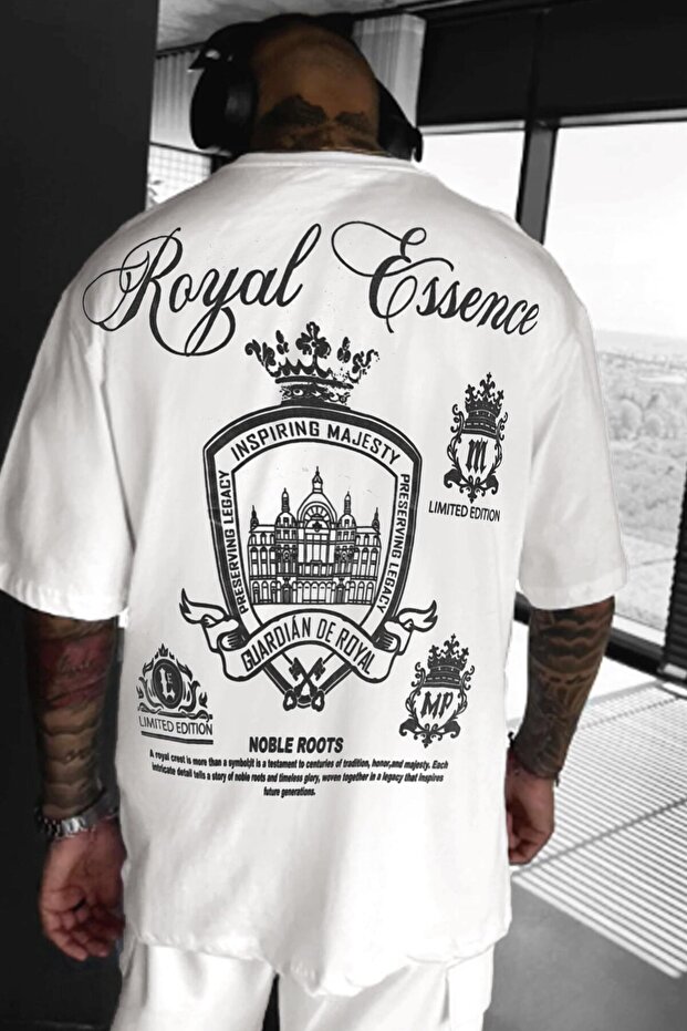 Men's Ecru White Royal Essence Oversize Fit Loose Wide Fit Loose Cut T-Shirt