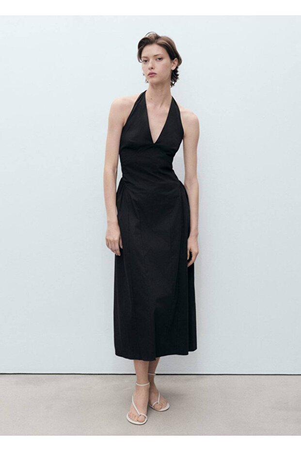 Halter yaka pamuklu midi elbise - 2