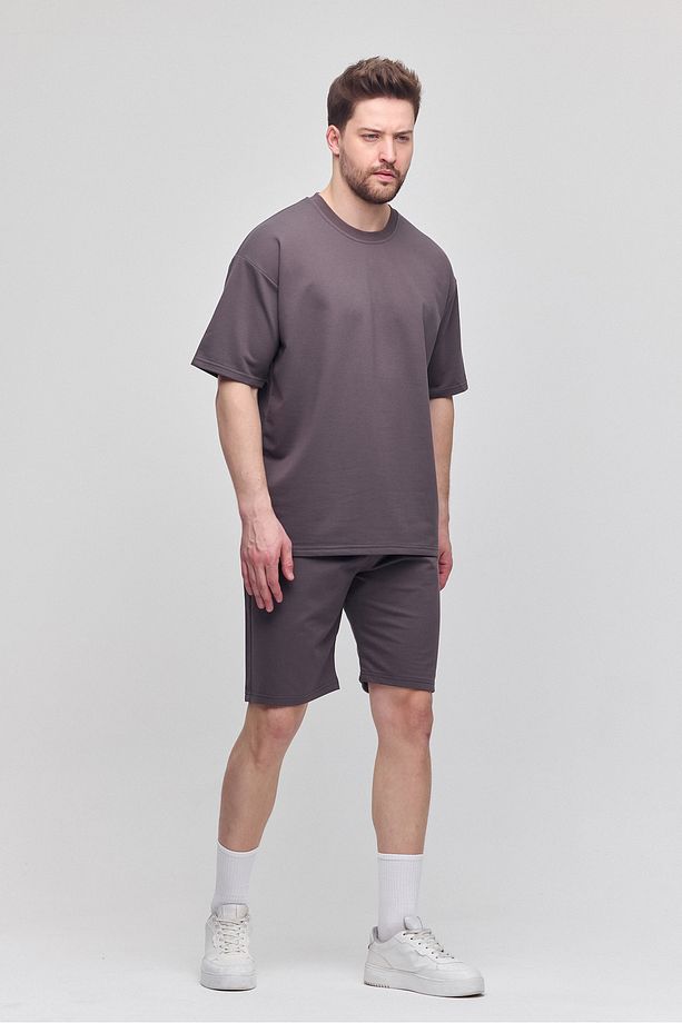 Erkek 2'li Set Relaxed Fit Rahat Kalıp Yazı Şardonsuz Füme Eşofman Takımı - 3