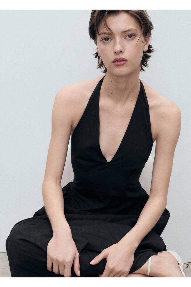 Halter yaka pamuklu midi elbise - 1